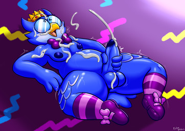 4_fingers anthro balls beak big_butt big_penis black_eyes blue_balls blue_eyewear blue_glans blue_glasses blue_nipples blue_penis bodily_fluids butt clothing crown cum cum_on_balls cum_on_face cum_on_own_balls cum_on_own_face cum_on_own_penis cum_on_penis cum_on_self cumshot ejaculation erection eyes_closed eyewear fingers footwear genital_fluids genitals glans glasses headgear humanoid_genitalia humanoid_penis knee_highs knee_socks legwear looking_pleasured lying male masturbation nipples on_back one_eye_closed open_mouth orgasm overweight overweight_anthro overweight_male pattern_clothing pattern_footwear pattern_legwear pattern_socks penile penile_masturbation penis pink_clothing pink_footwear pink_socks purple_clothing purple_footwear purple_shoes purple_socks shoes smile socks striped_clothing striped_footwear striped_socks stripes thick_thighs yellow_beak felino kings_of_hell stolas_(kings_of_hell) avian bird demon owl 2026 hi_res