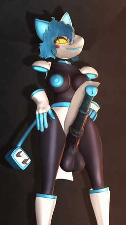 animal_genitalia animal_penis anthro areola balls blue_areola blue_glans blue_nipples breasts cable_tail equine_genitalia equine_penis floating_hands floating_head genitals glans gynomorph hair intersex machine nipples penis solo yellow_sclera conditional_dnp gusta deltarune undertale_(series) tasque_manager felid feline mammal robot 9:16 hi_res