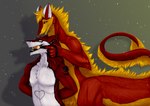 anthro black_sclera duo fur gag green_eyes looking_at_another looking_at_partner looking_back male male/male master pupils red_body red_fur slave slit_pupils tail white_body white_fur yellow_eyes zhekathewolf eit sarkan sergal sergal_taur taur 2021 absurd_res hi_res