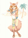 anthro armor black_nose blue_eyes bracers breasts canid canine chakona_space clothing dessert female fennec_fox food footwear fox hair herm_(lore) kacey leanna_fennec mammal navel nipples plant red_hair sandals shoes solo tail tree true_fox