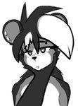 anthro ear_piercing female gauged_ear hair hand_on_face offscreen_character piercing simple_background solo_focus white_background observerdoz stigmata_(observerdoz) hyena mammal 2024 hi_res monochrome