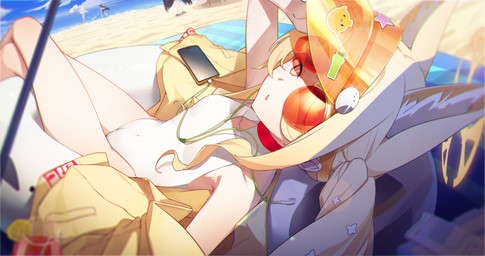 accessory animal_ears bare_legs bare_shoulders beach blonde_hair cellphone clothing coat collarbone electronics eyewear female fluffy_ears hair hair_accessory halo headphones long_hair lying multi_ear navel_outline one_eye_visible open_mouth phone relaxing shirt sunglasses swim_ring swimwear topwear visor white_clothing white_shirt white_topwear wings yellow_clothing yellow_coat yellow_eyes yellow_topwear young young_female young_humanoid akakuteshiroi blue_archive nexon mika_(blue_archive) nakamasa_ichika seia_(blue_archive) angel angel_humanoid animal_humanoid canid canid_humanoid canine canine_humanoid fox_humanoid humanoid mammal mammal_humanoid 256:135 4k absurd_res hi_res