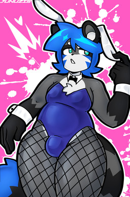 anthro belly blue_hair bulge bunny_costume clothing costume fishnet_clothing fishnet_legwear fur green_eyes grey_body grey_fur hair intersex legwear male slightly_chubby slightly_chubby_intersex solo freaky-juno junuzis vtuber juno_(junuzis) mammal procyonid raccoon absurd_res hi_res