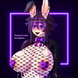 alternative_fashion anthro bangs barely_visible_areola big_breasts black_hair black_lips black_lipstick bow_ribbon breasts clothed clothing costume ear_piercing empty_eyes exposed_breasts eyeshadow female fishnet_clothing fur goth green_eyes hair heart_pasties hypnosis hypnotic_visor latex latex_clothing lips lipstick looking_at_viewer makeup markings mind_control mole_(marking) neon_lights pasties piercing reverse_bunny_costume short_hair skimpy smile smiling_at_viewer solo talking_to_viewer text white_body white_fur shieol alice_(shieol) lagomorph leporid mammal rabbit 1:1 absurd_res english_text hi_res signature