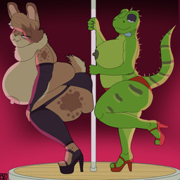 4_fingers accessory anthro areola armwear big_breasts blue_eyes breasts brown_eyes butt butt_squish clothed clothing dewlap_(anatomy) dipstick_ears duo ear_markings elbow_gloves erect_nipples eyeliner fangs female fingers flower flower_in_hair footwear fur garter_belt garter_straps gloves green_body green_scales hair hair_accessory hair_over_eye half-closed_eyes handwear high_heels huge_breasts looking_at_viewer makeup multicolored_ears narrowed_eyes nipples non-mammal_breasts non-mammal_nipples one_eye_obstructed panties plant platform_footwear platform_heels pole raised_leg scales shoes slightly_chubby spines squish strip_club stripper stripper_pole tan_body tan_fur teeth topless underwear whiskers komododad hazel_(shakotanbunny) julia_(savagelyrandom) domestic_rabbit flemish_giant iguana iguanid lagomorph leporid lizard mammal oryctolagus rabbit reptile scalie 1:1 2021 absurd_res hi_res signature