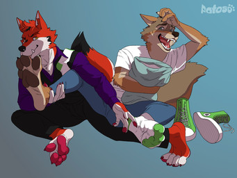4_toes 5_fingers anthro barefoot black_clothing blue_clothing bottomwear brown_body brown_fur brown_pawpads claws clothed clothing denim denim_bottomwear denim_clothing duo fangs feet fingers foot_fetish foot_focus foot_lick foot_play footwear fur green_clothing green_eyes humanoid_hands jeans laugh licking male male/male open_mouth pants pawpads paws pillow pink_pawpads plantigrade purple_clothing red_body red_fur shirt shoes simple_background sitting smile sneakers socks soles tail tan_body teeth toe_claws toes tongue tongue_out topwear white_clothing white_topwear wrinkles yellow_eyes patoso arches_(game) echo_(series) echo_project cameron_wilson canid canine canis coyote fox mammal wolf 4:3 hi_res