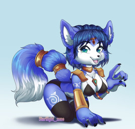 all_fours anthro big_breasts bikini black_bikini black_clothing black_legwear black_nose black_swimwear black_thigh_highs blue_body blue_fur blue_hair bracelet breasts clothing dipstick_tail eyelashes female front_view fur gradient_background green_eyes hair jewelry legwear looking_at_viewer markings open_mouth open_smile simple_background smile solo swimwear tail tail_markings thick_thighs thigh_highs two-piece_swimsuit white_body white_fur white_markings wide_hips starliightzone nintendo star_fox krystal_(star_fox) canid canine fox mammal absurd_res hi_res
