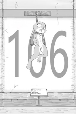 4_toes anthro athletic athletic_female bound buckteeth death dying execution eye_roll feet female female_anthro flat_chested forced genitals hanged helpless killing noose nude nude_anthro nude_female on_display scut_tail short_tail snuff solo stated_age stated_gender stated_species tail teeth text thick_thighs toes vulva dipingxiangtr.d disney zootopia judy_hopps european_rabbit lagomorph leporid mammal oryctolagus rabbit character_name greyscale hi_res monochrome