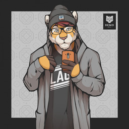 anthro beanie black_border border brown_body brown_fur brown_stripes cheek_tuft chin_tuft clothed clothed_male clothing ear_piercing ear_stud electronics eyewear facial_tuft fingerless_(marking) front_view fully_clothed fully_clothed_male fur glasses green_eyes grey_clothing grey_shirt grey_t-shirt grey_topwear hair hat headgear headwear holding_object holding_phone hood_up hoodie inner_ear_fluff looking_at_viewer male male_anthro orange_body orange_fur pattern_background phone piercing pink_nose pockets red_hair shirt short_hair simple_background solo standing stripes t-shirt text topwear tuft white_body white_fur white_inner_ear_fluff d3mo demo_(d3mo) felid mammal pantherine tiger 1:1 2017 artist_name dated half-length_portrait hi_res portrait signature