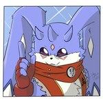 anthro beady_eyes blue_body blue_fur clothing fingerless_gloves fur gloves handwear horn long_ears male scarf smile solo heibanhikaru bandai_namco digimon digimon_(species) turuiemon 1:1 hi_res