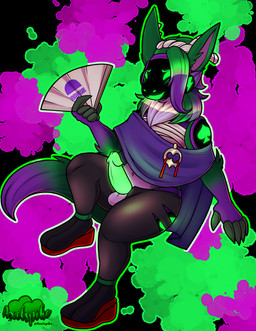 anthro balls blush blush_lines chest_tuft claws clothing cosplay costume genitals glowing glowing_genitalia glowing_penis machine male penis presenting presenting_penis shy small_balls solo tuft axelspike nintendo splatoon protogen