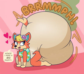all_fours aloha_shirt anthro big_diaper blonde_hair blue_eyes clothing diaper excessive_feces eyewear eyewear_on_head fart feces female fur fur_tuft hair heart_symbol huge_diaper hyper hyper_diaper hyper_feces hyper_soiling multicolored_body multicolored_fur open_mouth pattern_clothing pattern_shirt pattern_topwear pooping shirt smelly snout soiled_diaper soiling soiling_diaper solo speech_bubble stink_fumes sunglasses sunglasses_on_head text topwear tuft unclean_diaper used_diaper using_diaper nyxiettenyxstar animal_crossing nintendo audie_(animal_crossing) canid canine fox mammal hi_res