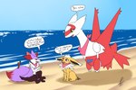 3:2 anthro beach braixen dialogue eeveelution english_text female feral fur generation_1_pokemon generation_3_pokemon generation_6_pokemon group hi_res jolteon latias legendary_pokemon light nintendo open_mouth pokemon pokemon_(species) purple_body purple_eyes red_eyes sand scarf sea seaside shadow shikaro sitting sky speech_bubble sunlight sunny sylvia_(jolteon) text water white_body yellow_body yellow_fur