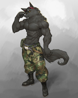 5_fingers anthro belt biceps big_muscles biped black_body black_boots black_clothing black_fingers black_footwear black_fur black_sclera black_underwear boots bottomwear camo camo_bottomwear camo_clothing camo_pants camo_print claws clothed clothed_anthro clothed_male clothing deltoids eyewear finger_claws fingers fluffy fluffy_tail footwear front_view fur glasses grey_background latissimus_dorsi looking_at_viewer male monotone_body monotone_fur mouth_closed muscular muscular_anthro muscular_male neck_tuft obliques pants pants_only pattern_bottomwear pattern_clothing pattern_pants pecs plantigrade pointy_ears pouch_(clothing) pupils serratus shoes simple_background slit_pupils snout solo tail topless topless_anthro topless_male tuft underwear underwear_showing wearing_glasses yellow_eyes captainjohkid canid mammal 2024 4:5 absurd_res archived_source digital_drawing_(artwork) digital_media_(artwork) full-length_portrait hi_res portrait unavailable_at_source