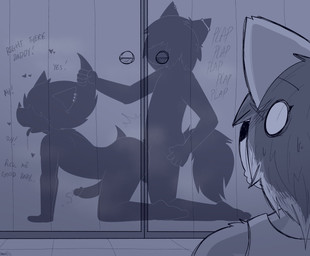 anal anal_penetration anthro anthro_on_anthro anthro_penetrated anthro_penetrating anthro_penetrating_anthro balls being_watched big_penis bodily_fluids doggystyle door duo femboy fluffy fluffy_tail from_behind_position genital_fluids genitals hair looking_at_another looking_pleasured male male/male male_penetrated male_penetrating male_penetrating_male moan musk penetration penile penile_penetration penis penis_in_ass piercing plap precum pulling_hair sex shocked silhouette silhouetted_sex tail text touching_hair aimpunch azura_(aimpunch) drakon_(aimpunch) mammal procyonid raccoon black_and_blue character_request english_text hi_res monochrome