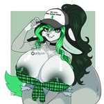 anthro areola arm_under_breasts bangs baseball_cap big_areola big_breasts big_tail bottomwear breasts cheek_tuft cleavage clothed clothing cutoffs daisy_dukes denim denim_bottomwear denim_clothing ears_down eye_through_hair eyelashes facial_tuft female fluffy fluffy_tail fur green_areola green_body green_eyes green_fur green_hair green_nipples green_tongue hair hair_over_eye hands_between_legs hanging_breasts hat headgear headwear hotpants huge_breasts inner_ear_fluff long_hair looking_at_viewer markings multicolored_body multicolored_fur multicolored_hair nipples pattern_clothing pattern_shirt pattern_topwear pivoted_ears plaid plaid_clothing plaid_shirt plaid_topwear ponytail shirt short_height short_stack shorts simple_background smile snout solo star_(marking) star_symbol tail teeth_showing tongue topwear translucent translucent_hair tuft two_tone_body two_tone_fur two_tone_hair two_tone_tail wavy_hair eixy sushimi canid canine fennec_fox fox mammal true_fox 1:1 female_(lore) herm_(lore)