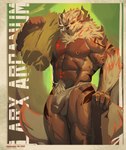 anthro asian_clothing bulge clothing detailed_bulge east_asian_clothing fundoshi fur genital_outline holding_object horn japanese_clothing looking_at_viewer male muscular muscular_anthro muscular_male nipple_piercing nipples pecs penis_outline piercing pubes red_body red_eyes red_fur simple_background solo tail underwear momohseki nintendo pokemon laarx arcanine canid canine generation_1_pokemon mammal pokemon_(species) 2023 absurd_res digital_drawing_(artwork) digital_media_(artwork) hi_res shaded signature