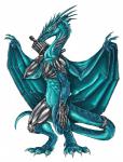 anthro biped blue_body blue_skin cybernetics green_eyes machine solo tail weapon wings yami_griffin european_mythology mythology cyborg dragon mythological_creature mythological_scalie scalie western_dragon 2004 blue_theme digital_media_(artwork) full-length_portrait portrait