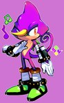 5_fingers anthro biped clothing fingers footwear gloves handwear horn male musical_note musical_symbol purple_background purple_body purple_skin simple_background solo standing symbol sanikink sega sonic_the_hedgehog_(series) espio_the_chameleon chameleon lizard reptile scalie 2021 full-length_portrait hi_res portrait signature