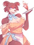 anthro apron big_breasts blue_bow_tie blue_eyes bow_ribbon bow_tie breasts brown_body brown_fur candy canine_teeth cheek_tuft chocolate cleavage cleavage_cutout clothed clothing cream_(food) cutout desert dessert dress eyebrows eyelashes facial_tuft female fluffy fluffy_ears fluffy_tail food fruit fur glass glistening glistening_breasts glistening_thighs holding_tray ice_cream looking_at_viewer open_mouth pattern_clothing plant plate short_sleeves smile snout solo strapless_clothing strawberry tail tan_body tan_fur thick_thighs tray tuft waiter white_apron white_clothing white_sclera white_shirt_collar yellow_clothing yellow_dress simesaba_poteto beastars juno_(beastars) canid canine canis mammal wolf hi_res