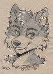 anthro black_nose canine_teeth eyebrows fur grey_body grey_fur male raised_eyebrows simple_background smile solo text boltie colby_(husky) canid canine canis domestic_dog husky mammal nordic_sled_dog spitz bust_portrait portrait traditional_media_(artwork)