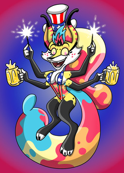 3_toes 4_arms 4_fingers alcohol american_flag_bikini anthro beer beverage bikini black_nose blue_hair clothing fangs feet female fingers flag_bikini flag_swimwear fur hair hindpaw holidays humanoid_hands multi_arm multi_limb multicolored_body multicolored_fur multicolored_hair one-piece_swimsuit paws pink_hair sling_bikini solo sparkler swimwear teeth toes tongue two-piece_swimsuit two_tone_body two_tone_fur two_tone_hair white_body white_fur yellow_body yellow_fur shinragod 4th_of_july hellaverse helluva_boss queen_bee-lzebub_(helluva_boss) arthropod bee canid canine demon fox hybrid hymenopteran insect mammal hi_res