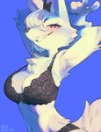 anthro blue_background blush bra breasts cleavage clothed clothing female female_anthro fur gesture hair hand_gesture kemono lingerie looking_at_viewer panties red_eyes simple_background solo underwear v_sign white_body white_fur white_hair burnbuckie arctic_fox canid canine fox mammal true_fox 2023 absurd_res digital_media_(artwork) hi_res