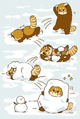 black_eyes black_nose brown_body chibi dot_eyes feral kemono simple_eyes snow snowman solo shi_nominmin ailurid mammal red_panda 2024 hi_res