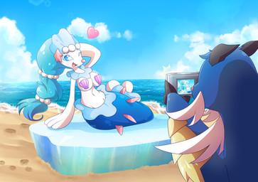 ambiguous_gender anthro beach blush bra breasts busty_feral camera camera_flash clothing cloud duo fangs female feral heart_symbol navel one_eye_closed open_mouth pink_nose pose sea seashell_bra seaside starfish_(accessory) teeth underwear water wink kelsea-chan nintendo pokemon aquatic asterozoan echinoderm generation_5_pokemon generation_7_pokemon mammal mustelid pinniped pokemon_(species) primarina samurott starfish 2019 hi_res