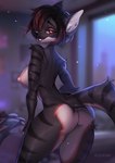 anthro areola breasts butt female fur grey_body grey_fur grey_tail inside markings nipples nude nude_anthro nude_female rear_view red_eyes smile solo standing striped_body striped_fur striped_markings striped_tail stripes tail tail_markings tlt_echelon felid feline mammal hi_res