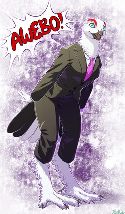 accessory avian_feet clothing feathers female leaning leaning_forward magenta_tie necktie open_mouth sea_green_eyes simple_background solo speech_bubble suit tongue white_body white_feathers yelling conditional_dnp ratte avian bird galliform grouse phasianid ptarmigan willow_ptarmigan 2026 absurd_res cel_shading hi_res shaded