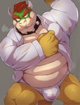 2_horns anthro belly big_belly blush bodily_fluids bulge clothed clothing horn humanoid_hands kemono male musk open_clothing open_shirt open_topwear overweight overweight_male shirt simple_background solo sweat topwear underwear yoshizaurusu_n mario_bros nintendo bowser koopa scalie 2022 hi_res