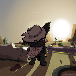 :< black_body black_fur blood blood_splatter bodily_fluids brown_cloak brown_clothing brown_cowboy_hat cactus cloak clothing cowboy cowboy_hat desert detailed_background fur hat hat_over_eye hat_over_eyes headgear headwear looking_at_viewer one_eye_obstructed plant red_eyes road scar sun sunset text poofythedragon mewgenics zodiac_(mewgenics) domestic_cat felid feline felis mammal 1:1 2026 absurd_res artist_name digital_drawing_(artwork) digital_media_(artwork) hi_res high_contrast shaded signature simple_shading