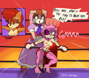 4_toes angry anthro areola auburn_hair barefoot blue_eyes bodily_fluids boxing_gloves boxing_shorts breasts brown_body brown_eyelids brown_fur brown_hair bruised bruised_eye clenched_teeth clothed clothed_anthro clothed_female clothing corner dialogue eyelashes feet female fighting_ring footwear fully_clothed fully_clothed_anthro fully_clothed_female fur furniture gloves group hair handwear hashmarks kickboxing muay_thai muscular muscular_anthro muscular_female necktie nipples one_eye_closed orange_eyes pink_body pink_fur pink_inner_ear pink_nipples quills_(anatomy) red_hair shoes small_breasts smile smirk smug smug_face speech_bubble stool sweat swollen_eye tan_arms tan_body tan_fur tan_soles taunting teasing teeth text toes topless topless_anthro topless_female trio wink yellow_body yellow_fur fellowthewulf sega sonic_the_hedgehog_(series) amy_rose sally_acorn vanilla_the_rabbit eulipotyphlan hedgehog lagomorph leporid mammal rabbit rodent sciurid tree_squirrel comic english_text hi_res