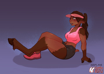 anthro bottomwear bra breasts brown_body brown_fur brown_hair clothed clothing female fur hair hat headgear headwear hooves human_to_anthro leaning leaning_backward mid_transformation midriff pink_clothing ponytail shorts sitting solo species_transformation sports_bra transformation underwear visor_cap cutiebun krim_hue equid equine horse mammal absurd_res hi_res