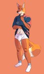 anthro big_bulge black_nose black_polo_shirt blue_eyes boxer_briefs bulge canid canine clothed clothing clothing_lift drdalefox footwear fox fur hand_on_collar hand_under_shirt hi_res male mammal navel orange_background orange_body orange_fur pantsless shirt shirt_lift shirt_logo shirt_pocket simple_background smile socks solo topwear underwear white_boxer_briefs white_clothing white_underwear