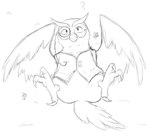 anthro claws clothing eyewear feet flower male monocle plant question_mark simple_background solo talons toes topwear vest white_background thegreatmatsutzu king's_quest cedric_(king's_quest) avian bird owl monochrome sketch