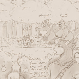 anthro balls berry big_balls big_breasts big_bulge big_butt big_tail bodily_fluids bottomwear breasts bulge butt chasing claws clothing dialogue female food forest fruit genitals group half-closed_eyes help_me horn huge_balls huge_bulge larger_female looking_at_another male metal_chain multi_tail narrowed_eyes outnumbered pants plant running_away sharp_teeth shirt size_difference smile sweat sweatdrop tail teeth text thick_thighs topwear tree wide_hips blackfox85 nintendo pokemon blitz_(blackfox85) gin_(blackfox85) canid canine fox fox_spirit generation_1_pokemon generation_2_pokemon kangaskhan legendary_pokemon mammal mew_(pokemon) nidoqueen pokemon_(species) typhlosion 1:1 absurd_res digital_media_(artwork) english_text hi_res monochrome