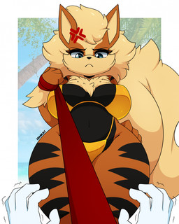 ambiguous_gender annoyed anthro big_breasts bikini biped black_nose blonde_hair breasts chest_tuft clothing curvy_figure duo eyebrows eyelashes female female_anthro female_focus first_person_view front_view frown gold_bikini hair hand_on_hip holding_leash holding_object leash leash_pull leashed_pov long_hair looking_at_viewer low-angle_view midriff navel solo_focus standing swimwear text tuft two-piece_swimsuit voluptuous wide_hipped_female wide_hips i_am_kat95 golden_week nintendo pokemon arcanine generation_1_pokemon pokemon_(species) 2023 artist_name hi_res