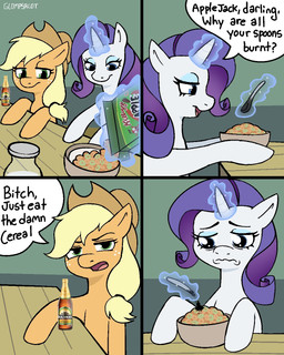 alcohol beer beverage blonde_hair cereal clothing cowboy_hat cutlery dialogue duo eyelashes eyeshadow female feral food freckled_face freckles green_eyes hair hat headgear headwear hooves horn kitchen_utensils long_eyelashes long_hair magic makeup open_mouth orange_body profanity purple_hair quadruped spoon tear_trough text tools unicorn_horn white_body glompsalot apple_jacks bulmers friendship_is_magic hasbro my_little_pony mythology applejack_(mlp) rarity_(mlp) earth_pony equid equine horse mammal mythological_creature mythological_equine pony unicorn 4:5 comic english_text hi_res