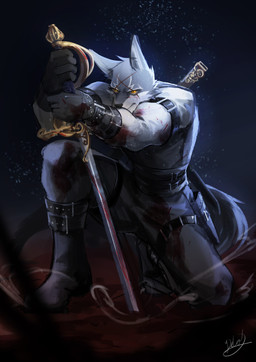 anthro belt blood blood_on_clothing blood_on_object blood_on_weapon bodily_fluids boots clothing footwear gloves handwear male melee_weapon scabbard scar shoes solo sword weapon delax tianhehui cloud_(tianhehui) canid canine canis hybrid mammal wolfdog absurd_res hi_res