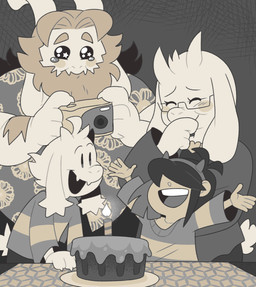 anthro blonde_hair cake camera candle clothing dessert female food group hair horn inside male shirt sitting topwear akanemnon deltarune undertale undertale_(series) asgore_dreemurr asriel_dreemurr kris_dreemurr toriel bovid caprine goat human mammal 2024 nonbinary_(lore)