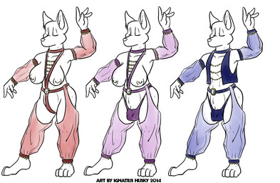 anthro breasts bulge female group gynomorph harem harem_outfit intersex male nipple_piercing nipples piercing solo_focus text ignatius_husky canid canine mammal 2014 digital_media_(artwork) english_text