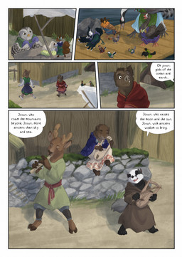 anthro black_body black_feathers brown_body brown_fur brown_tail clothed clothed_feral clothing dialogue eye_scar eyes_closed facial_scar feathers female feral fingers fur grey_body grey_feathers group hooved_fingers hooves male multicolored_body outside playing_music scar singing speech_bubble tail text bjekkergauken herja_(bjekkergauken) anatid anseriform anserine avian badger bird deer goose mammal mustelid musteline owl rodent sciurid suid suine sus_(pig) tree_squirrel wild_boar 2025 colored comic english_text hi_res