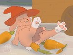 anthro balls bodily_fluids buckteeth butt carrot carrot_dildo cart cavity_storage clothing cum cumshot ejaculation food genital_fluids genitals hat hat_only headgear headgear_only headwear headwear_only humanoid_genitalia improvised_dildo improvised_sex_toy male mostly_nude outside pawpads penis pink_pawpads plant scut_tail short_tail simple_background solo tail teeth text vegetable furinmyeyes cartoon_network mao_mao:_heroes_of_pure_heart farmer_bun lagomorph leporid mammal rabbit 2025 4:3 artist_name digital_media_(artwork) english_text hi_res signature
