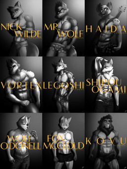 abs anthro balls_outline biceps bulge clothed clothing detailed_bulge fur genital_outline group hair male muscular muscular_anthro muscular_male pecs penis_outline scared shirtless shirtless_anthro shirtless_male simple_background topless underwear axxxonn aggretsuko beastars brand_new_animal disney dreamworks hellaverse helluva_boss mythology nintendo sanrio star_fox studio_trigger the_bad_guys the_lion_king zootopia fox_mccloud haida_(aggretsuko) kovu_(the_lion_king) legoshi_(beastars) mr._wolf_(the_bad_guys) nick_wilde shirou_ogami vortex_(helluva_boss) wolf_o'donnell canid canid_demon canine canis demon felid fox hellhound hyena lion mammal mythological_canine mythological_creature northwestern_wolf pantherine red_fox spotted_hyena true_fox wolf absurd_res black_and_white crossover hi_res monochrome