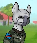 abstract_background anthro background_shot building camo camo_clothing camo_print clothing collar flag flag_(object) flag_print grass_field looking_at_viewer male military_uniform outline pattern_clothing plant plantlife serious_face simple_background solo standing tree uniform jellymaggot hasbro my_little_pony ssethtzeentach equid equine mammal zebra crossover digital_media_(artwork) digital_painting_(artwork)