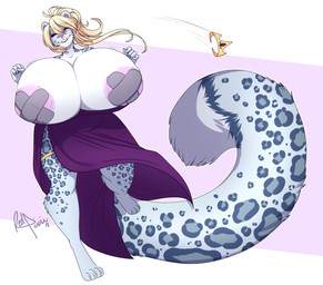 anthro areola big_breasts blonde_hair breasts clothed clothing exposed_breasts eyes_closed female front_view hair huge_breasts hyper hyper_breasts nipple_tape pasties smile solo standing tape topless redpixie alexandria_(spyingredfox) felid leopard mammal pantherine snow_leopard 2018