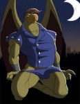 anthro beak biceps biped blue_clothing bulge clothing detailed_bulge feathers genital_outline hair kneeling male muscular muscular_anthro muscular_male pecs penis_outline pose shirt solo speedo swimwear thong topwear underwear brass_(artist) disney gargoyles griff_(gargoyles) avian