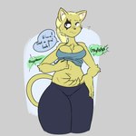 anthro belly bottomwear breasts clothed clothing female hair hungry leggings legwear midriff onomatopoeia pants sound_effects text topwear sinfullapis ardene_marquet domestic_cat felid feline felis mammal pahtra 1:1 hi_res